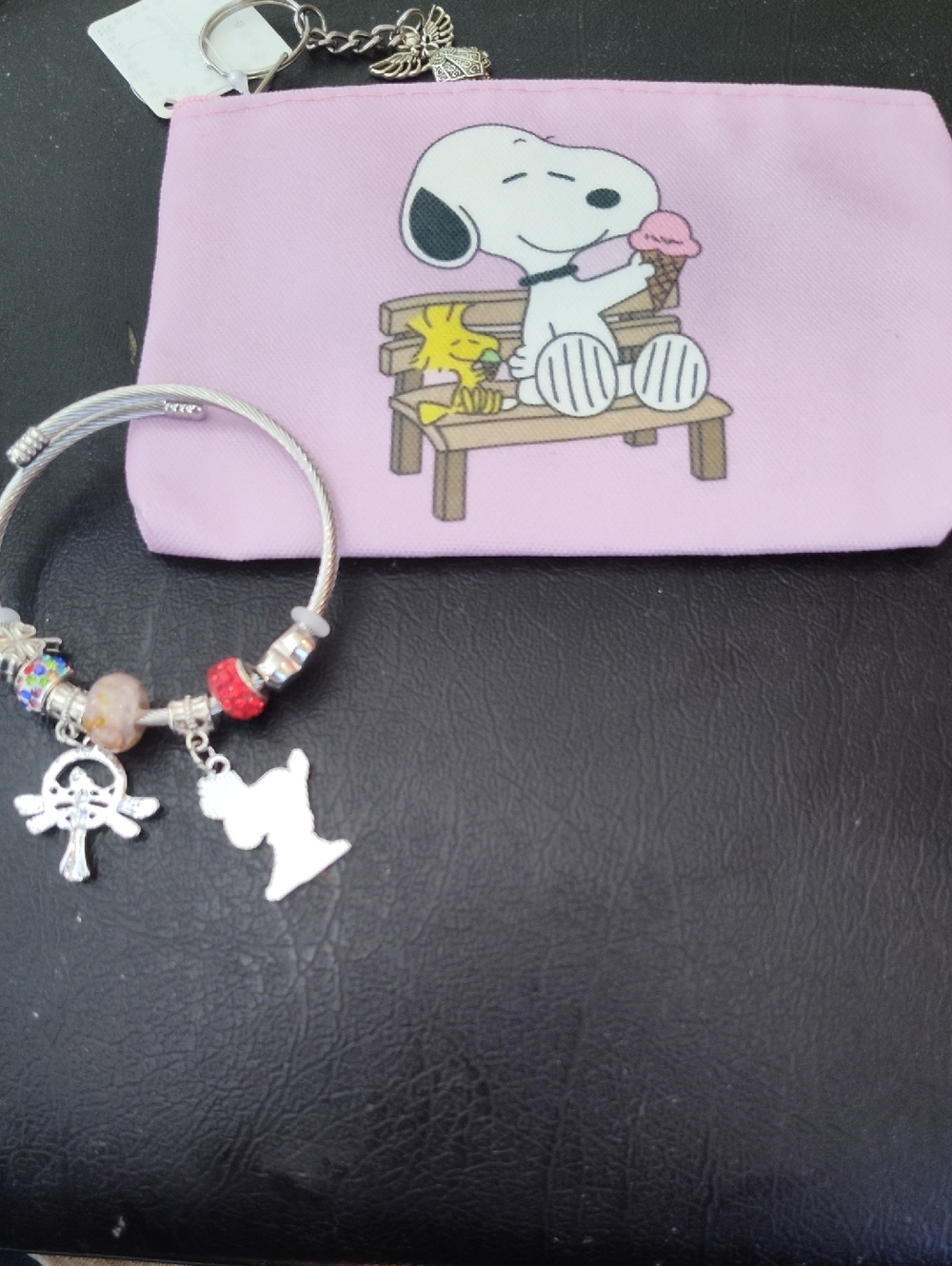 Pink Snoopy Coin Pouch Poly/ Peanuts Bracelet Charms Beads 4 X 6" Twist Wire - Picture 3 of 3